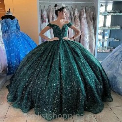 Emerald Green Ball Gown Quinceanera Dresses Glitter Tulle Sweet 16 Princess Birthday Party Gowns Vestido De 15 Anos