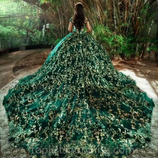 Emerald Green Beaded Quinceanera Dresses Gold Appliques Lace Sequined Ball Gowns