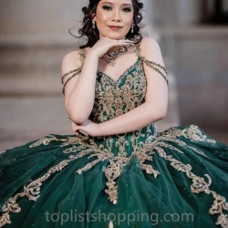 Emerald Green Gold Appliques Off The Shoulder Luxury Quinceanera Dress 2024 Ball Gown