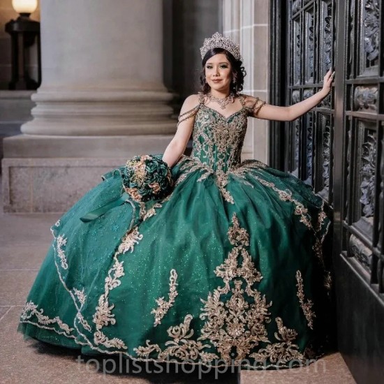 Emerald Green Gold Appliques Off The Shoulder Luxury Quinceanera Dress 2024 Ball Gown