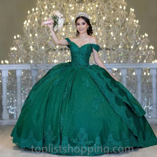 Emerald Green Off-Shoulder Ball Gown Sweetheart Quinceanera Dresses Vestidos De 15 Anos