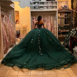 Emerald Green Quinceanera Dress Ball Gown Off Shoulder Illusion Sequined Appliques Beading Vestidos De Quinceañera