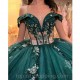 Emerald Green Quinceanera Dress Ball Gown Off Shoulder Illusion Sequined Appliques Beading Vestidos De Quinceañera