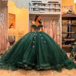 Emerald Green Quinceanera Dress Ball Gown Off Shoulder Illusion Sequined Appliques Beading Vestidos De Quinceañera