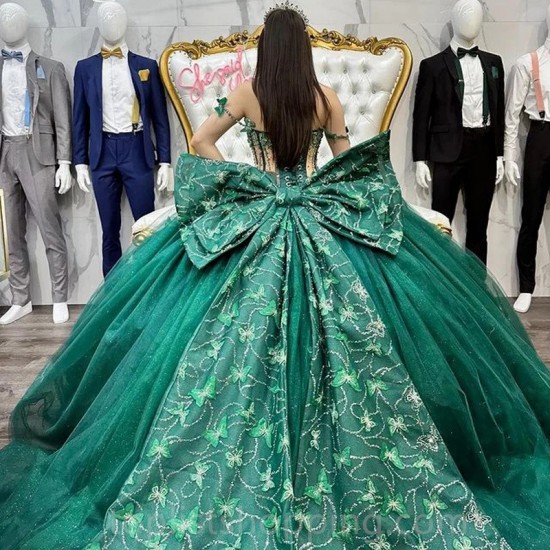 Emerald Green Quinceanera Dress Ball Gown Off Shoulder Lace Bow Beads Sequined Corset Sweet 15 Vestidos De Quinceañera