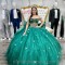 Emerald Green Quinceanera Dress Ball Gown Off Shoulder Lace Bow Beads Sequined Corset Sweet 15 Vestidos De Quinceañera