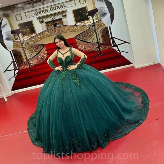 Sequin Emerald Green Quinceanera Dress For Girl Ball Gown Shiny Lace Appliques Party Dresses Vestidos De 15 Años