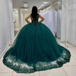 Sequin Emerald Green Quinceanera Dress For Girl Ball Gown Shiny Lace Appliques Party Dresses Vestidos De 15 Años