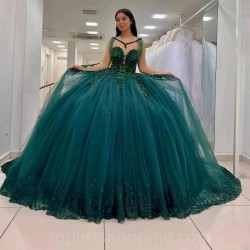 Sequin Emerald Green Quinceanera Dress For Girl Ball Gown Shiny Lace Appliques Party Dresses Vestidos De 15 Años