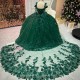 Mexican Emerald Green Quinceanera Dress Appliques 3D Flowers Ball Gowns With Cape Corset 16 Vestidos De XV Anos