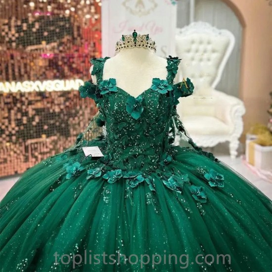 Mexican Emerald Green Quinceanera Dress Appliques 3D Flowers Ball Gowns With Cape Corset 16 Vestidos De XV Anos