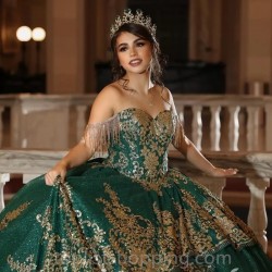 Off The Shoulder Emerald Green Quinceanera Dress Crystal Ball Gown Gold Appliques Lace 15 Vestidos De Quinceañera