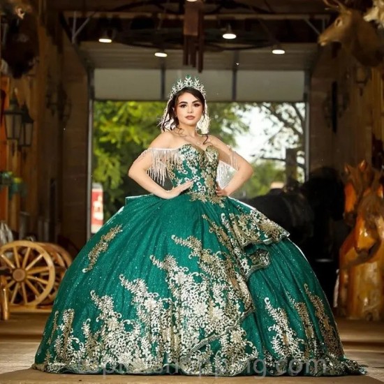 Off The Shoulder Emerald Green Quinceanera Dress Crystal Ball Gown Gold Appliques Lace 15 Vestidos De Quinceañera