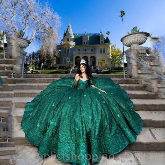 Ruffled Emerald Green Quinceanera Dress Sequined Ball Gown Sparkly Sweet 16 Year With Bow Princess Dresses