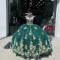 V-Neck Emerald Green Quinceanera Dresses For 16 Girl Gold Appliques Beading Princess Ball Gowns