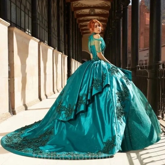 Beads Emerald Green Quinceanera Dresses Lace Appliques Vestidos de 15 años Vintage Sweet 16 Birthday Gowns