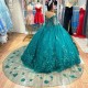 3D Flowers Emerald Green Quinceanera Dresses With Cloak Beading Mexican Sixteen Princess Prom Gowns