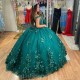 3D Flowers Emerald Green Quinceanera Dresses With Cloak Beading Mexican Sixteen Princess Prom Gowns