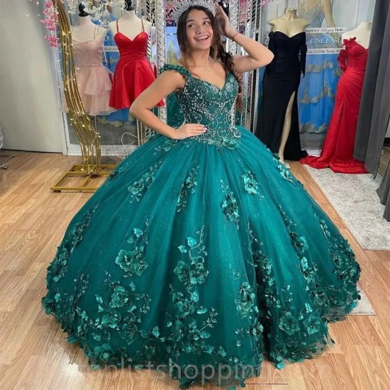 3D Flowers Emerald Green Quinceanera Dresses With Cloak Beading Mexican Sixteen Princess Prom Gowns