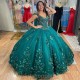 3D Flowers Emerald Green Quinceanera Dresses With Cloak Beading Mexican Sixteen Princess Prom Gowns