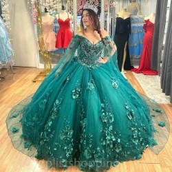 3D Flowers Emerald Green Quinceanera Dresses With Cloak Beading Mexican Sixteen Princess Prom Gowns