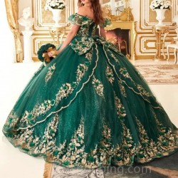 Off the Shoulder Emerald Green Quinceanera Dresses Shiny Ball Gown Cathedral Corset vestidos 15 de xv años