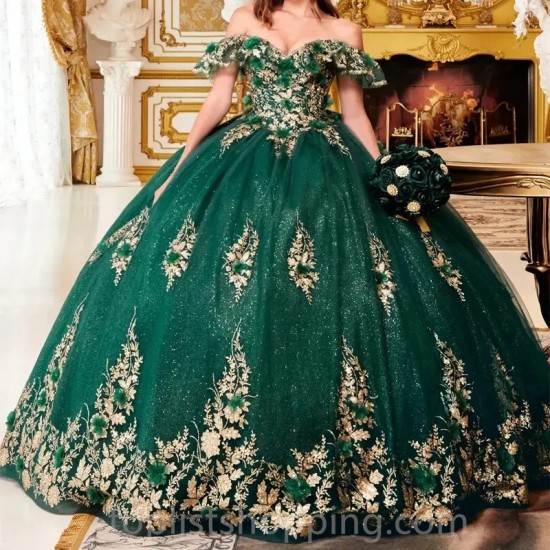 Off the Shoulder Emerald Green Quinceanera Dresses Shiny Ball Gown Cathedral Corset vestidos 15 de xv años