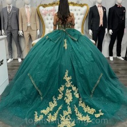 Beaded Emerald Green Shiny Off the Shoulder Appliques Ball Gowns Quinceanera Dresses Gold Vestidos De 15 Años