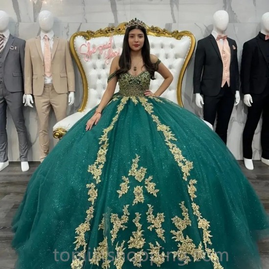 Beaded Emerald Green Shiny Off the Shoulder Appliques Ball Gowns Quinceanera Dresses Gold Vestidos De 15 Años