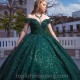 Sweetheart Emerald Green Shiny Pageant Quinceanera Dresses Appliques Lace Beads Off the Shoulder Princess Dress