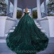 Sweetheart Emerald Green Shiny Pageant Quinceanera Dresses Appliques Lace Beads Off the Shoulder Princess Dress