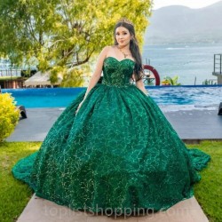 Sweetheart Emerald Green Shiny Quinceanera Dresses For Sweet 15 Year Puffy Ball Gown Lace Beads Princess