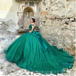 Emerald Green Sweetheart Shiny Princess Quinceanrea Dresses Off Shoulder Lace Applique Flower Sweet 15 16th Birthday Party Gown