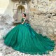 Emerald Green Sweetheart Shiny Princess Quinceanrea Dresses Off Shoulder Lace Applique Flower Sweet 15 16th Birthday Party Gown