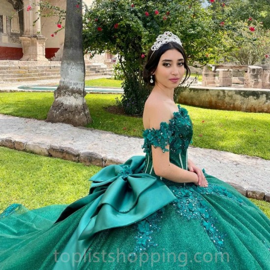 Emerald Green Sweetheart Shiny Princess Quinceanrea Dresses Off Shoulder Lace Applique Flower Sweet 15 16th Birthday Party Gown