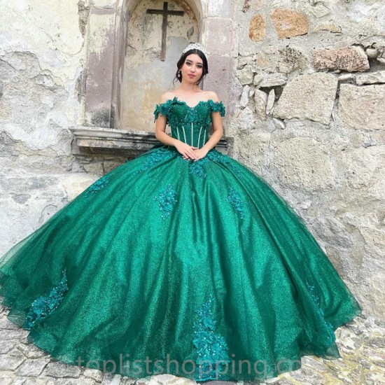 Emerald Green Sweetheart Shiny Princess Quinceanrea Dresses Off Shoulder Lace Applique Flower Sweet 15 16th Birthday Party Gown