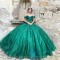 Emerald Green Sweetheart Shiny Princess Quinceanrea Dresses Off Shoulder Lace Applique Flower Sweet 15 16th Birthday Party Gown