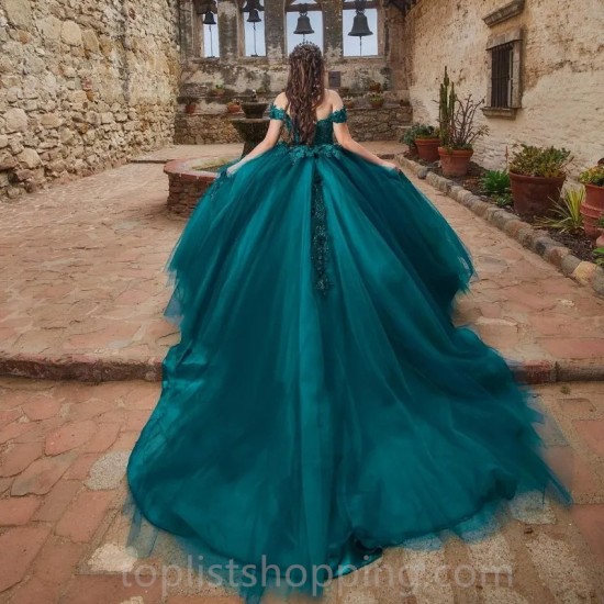 Emerald Green Sweetheart Shiny Quinceanera Dresses Appliques Lace Beading Tull Formal Prom Ball Gowns Vestidos De Quinceañera