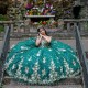 Emerald Green V-Neck Ball Gown Quinceanera Dresses Gold Applique Beads Sweet 16 Dress Pageant Gowns