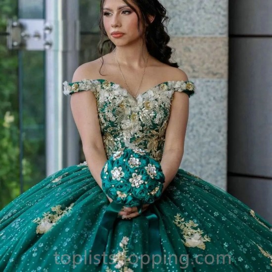 Emerald Green V-Neck Ball Gown Quinceanera Dresses Gold Applique Beads Sweet 16 Dress Pageant Gowns