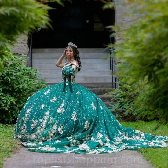 Emerald Green V-Neck Ball Gown Quinceanera Dresses Gold Applique Beads Sweet 16 Dress Pageant Gowns