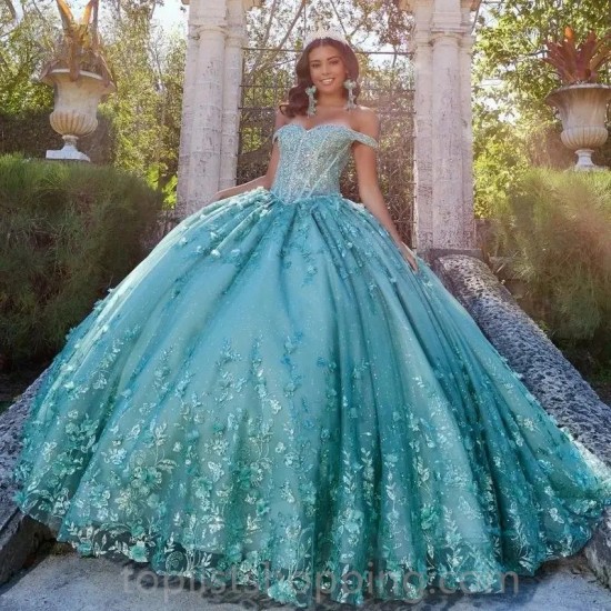 Mint Quinceanera Dress Ball Gown Off Shoulder Floral Applique Beaded Tiered Sweet 16 Vestidos De 15 Años