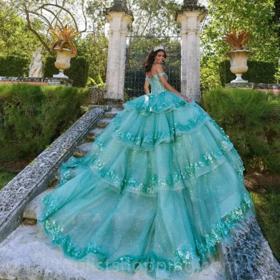 Mint Quinceanera Dress Ball Gown Off Shoulder Floral Applique Beaded Tiered Sweet 16 Vestidos De 15 Años