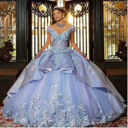 Sky Blue Quinceanera Dresses Off The Shoulder Ball Gown Sweet 16 Princess Lace Beads V-Neck Prom Gowns Vestido De 15Anos