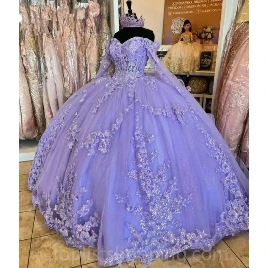 Glittering Lavender Quinceanera Dresses 3D Flower Birthday Party Prom Princess Ball Gown Vestidos De 15 Anos Corset