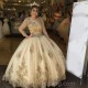 Gold 3D Floral Appliques Quinceanera Dress Deep V-neck Long Sleeve Crystal Beading Sweet 16 Vestidos De 15 Años