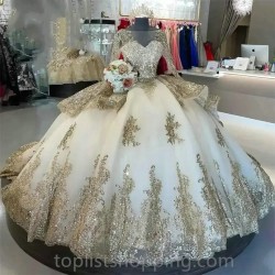 Gold Appliques Ball Gown Quinceanera Dresses Vestidos De 15 Anos Formal Birthday Party Prom Gown Corset Back Train