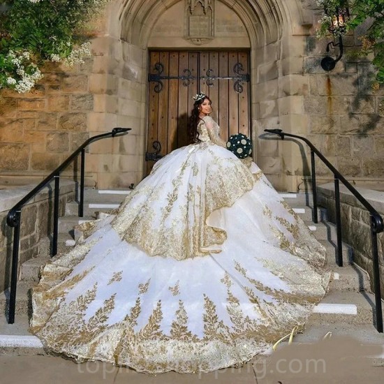 Gold Charro Quinceanera Dresses Ball Gown Long Sleeves Appliques Pearls Mexican Sweet 16 Dresses 15 Anos