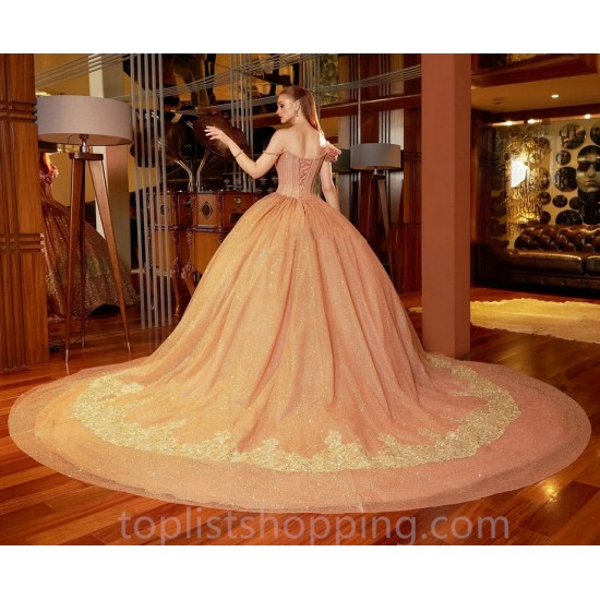 Gold Sparkly Charro Quinceanera Dresses Ball Gown Off The Shoulder Sequins Lace Mexican Sweet 16 Dresses 15 Anos