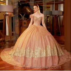 Gold Sparkly Charro Quinceanera Dresses Ball Gown Off The Shoulder Sequins Lace Mexican Sweet 16 Dresses 15 Anos